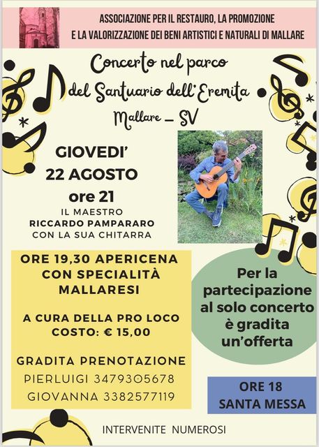 Manifesto del concerto di Riccardo Pampararo con chitarra al parco del Santuario di Mallare il 22 agosto. ---