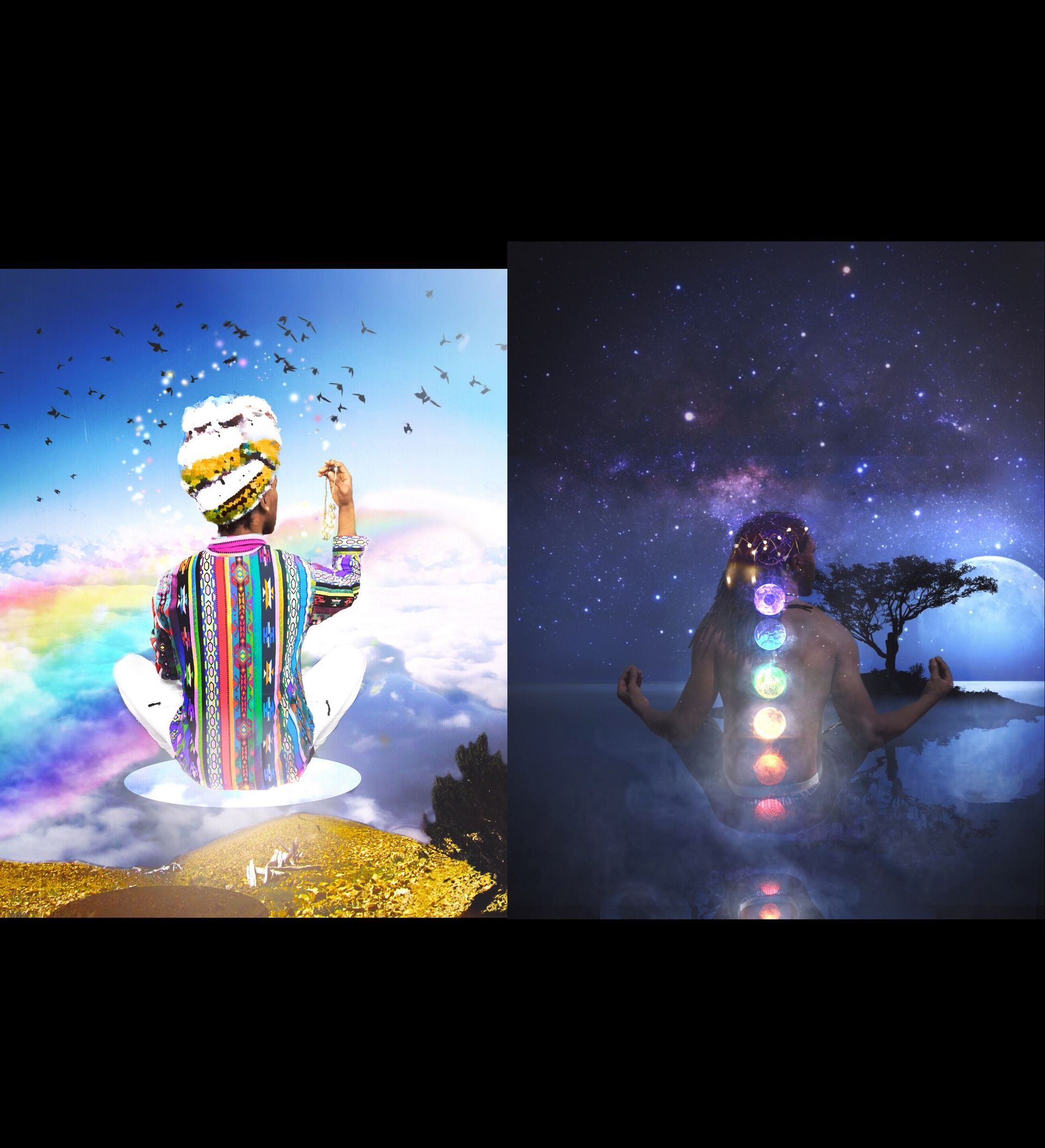 Two spiritual figures under starry skies, one colorful in daylight, one glowing with chakras at night.