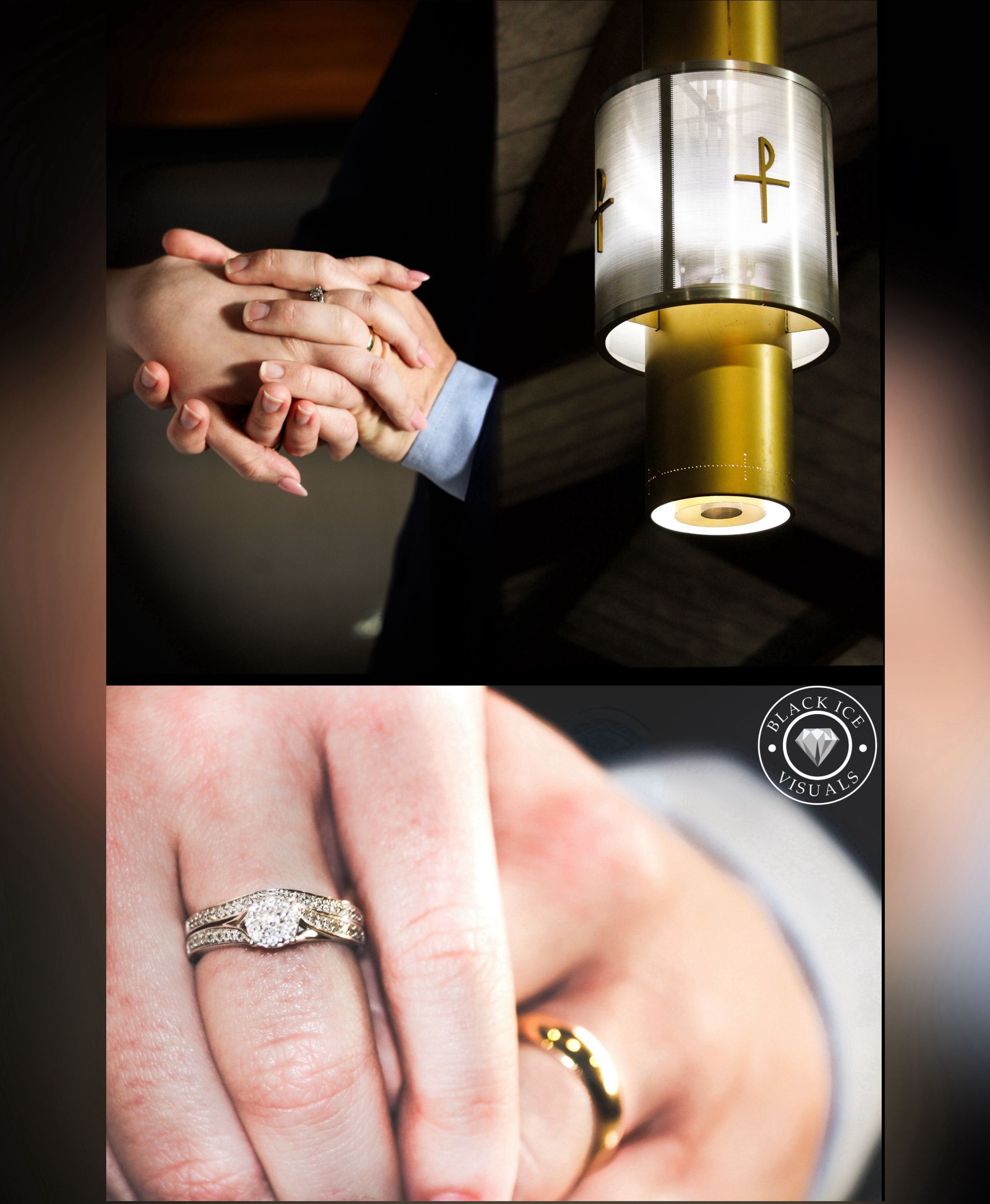 Original wedding photograph of joined hands and wedding rings beside a church lamp
