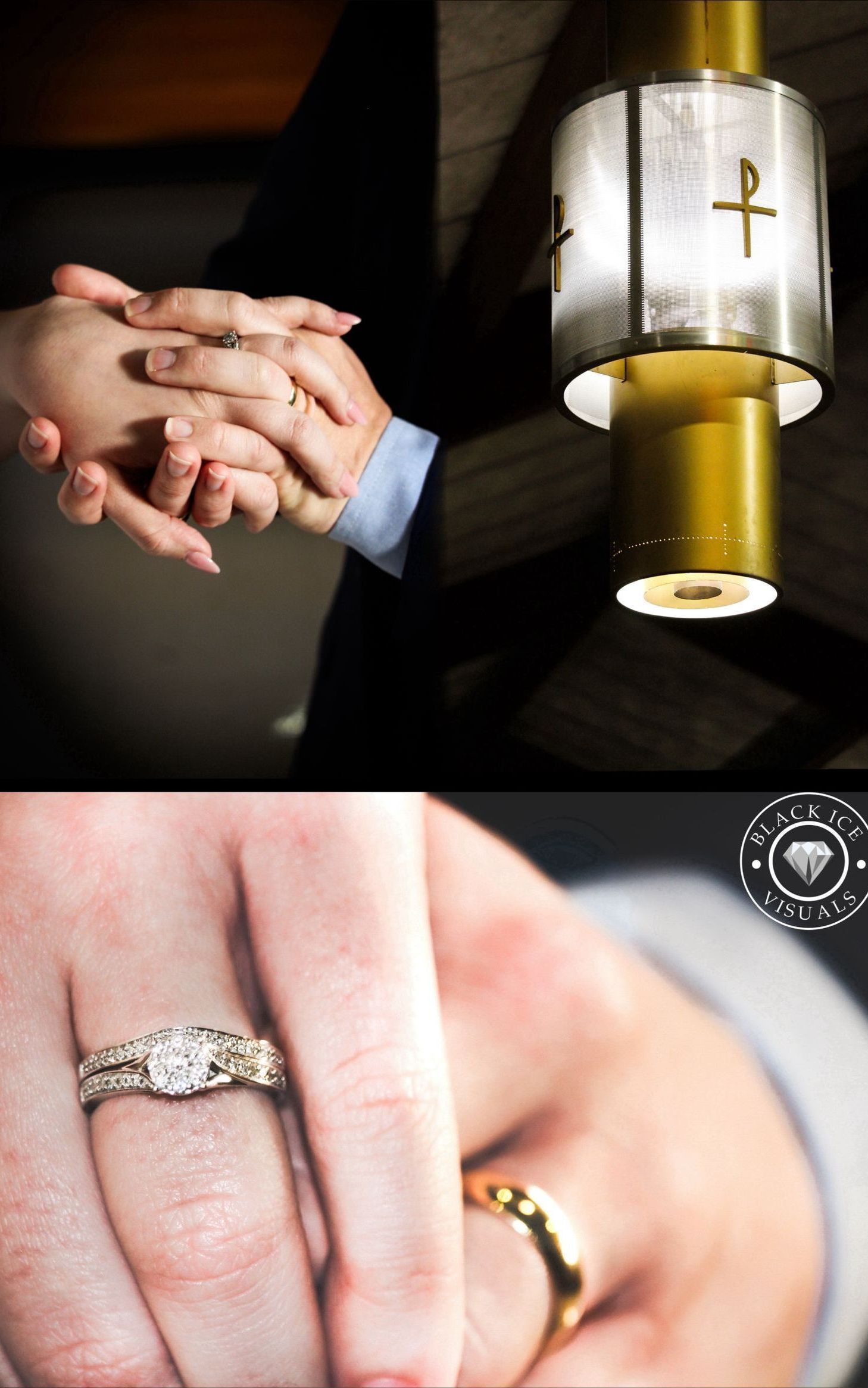 Hands clasped in prayer near a church candle, with a close-up of wedding rings on joined hands