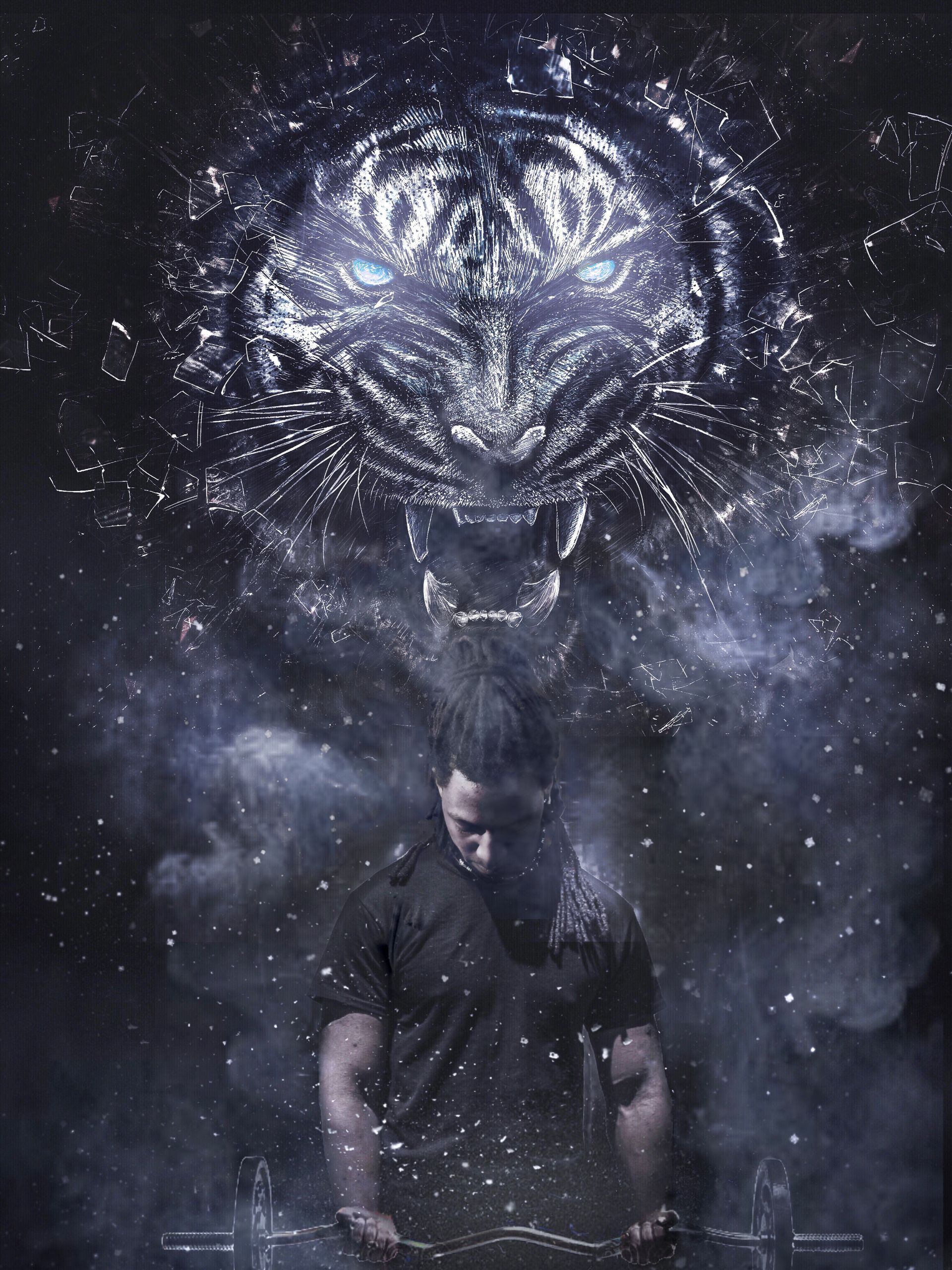Dark, smoky portrait of a man beneath a glowing tiger-like skull effect.