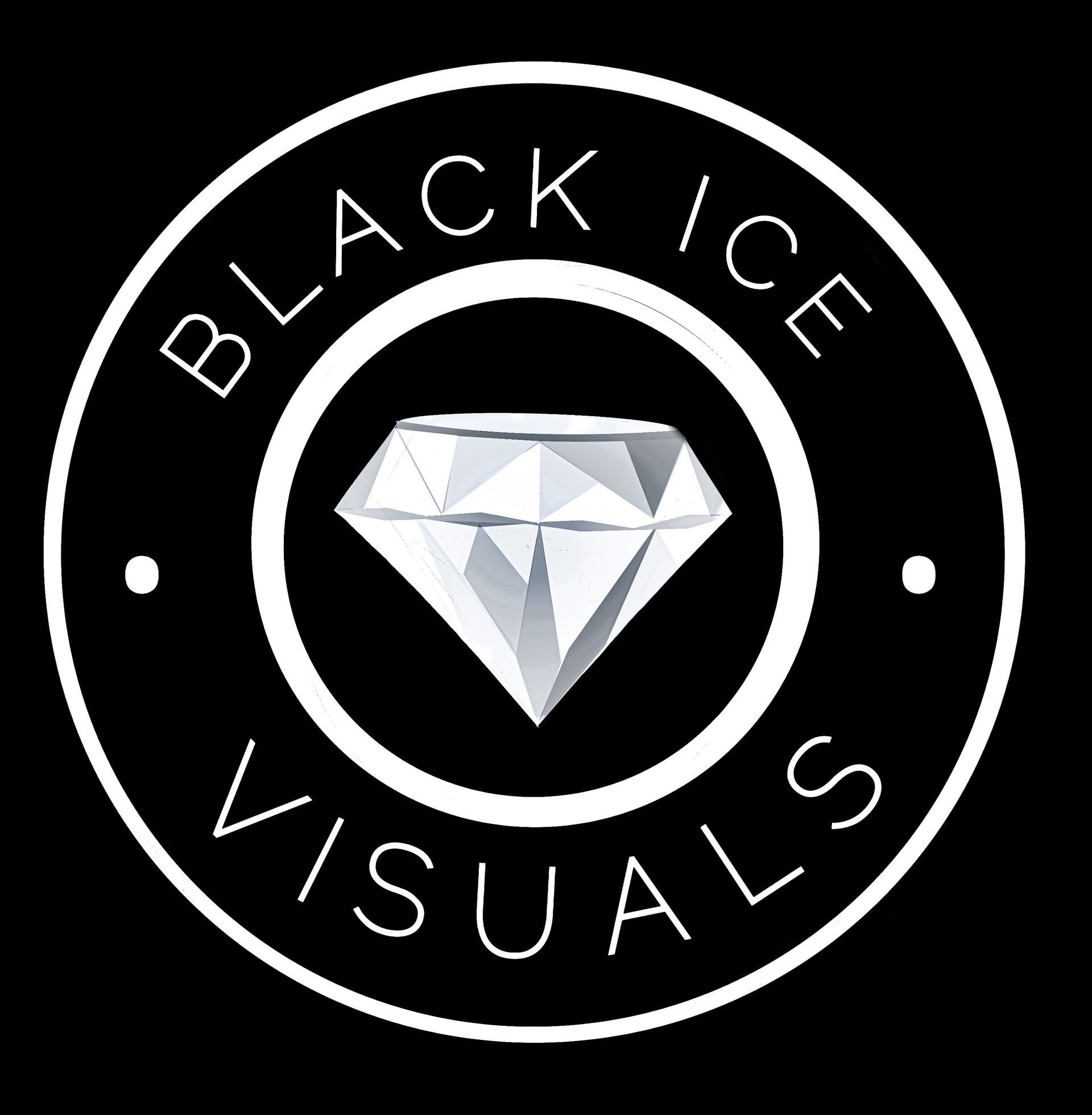 Black Ice Visuals logo with a faceted diamond in a black circular emblem on a black background