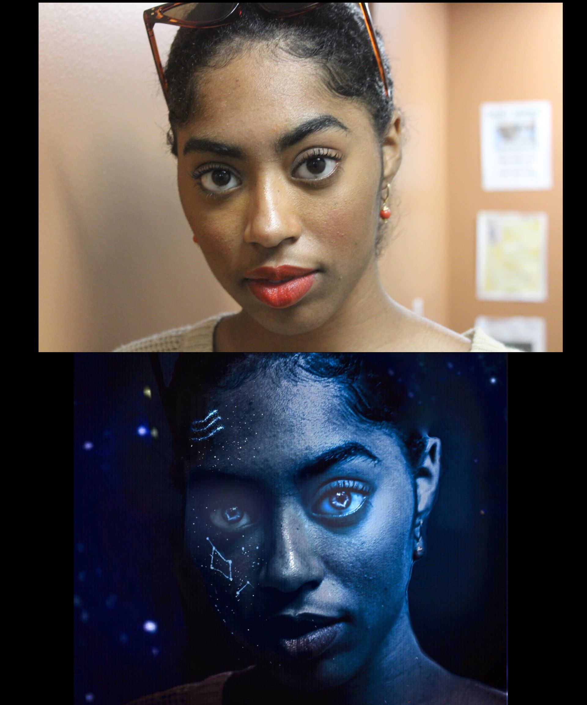 Split portrait: a woman’s face above, and a blue-tinted, starry version below.