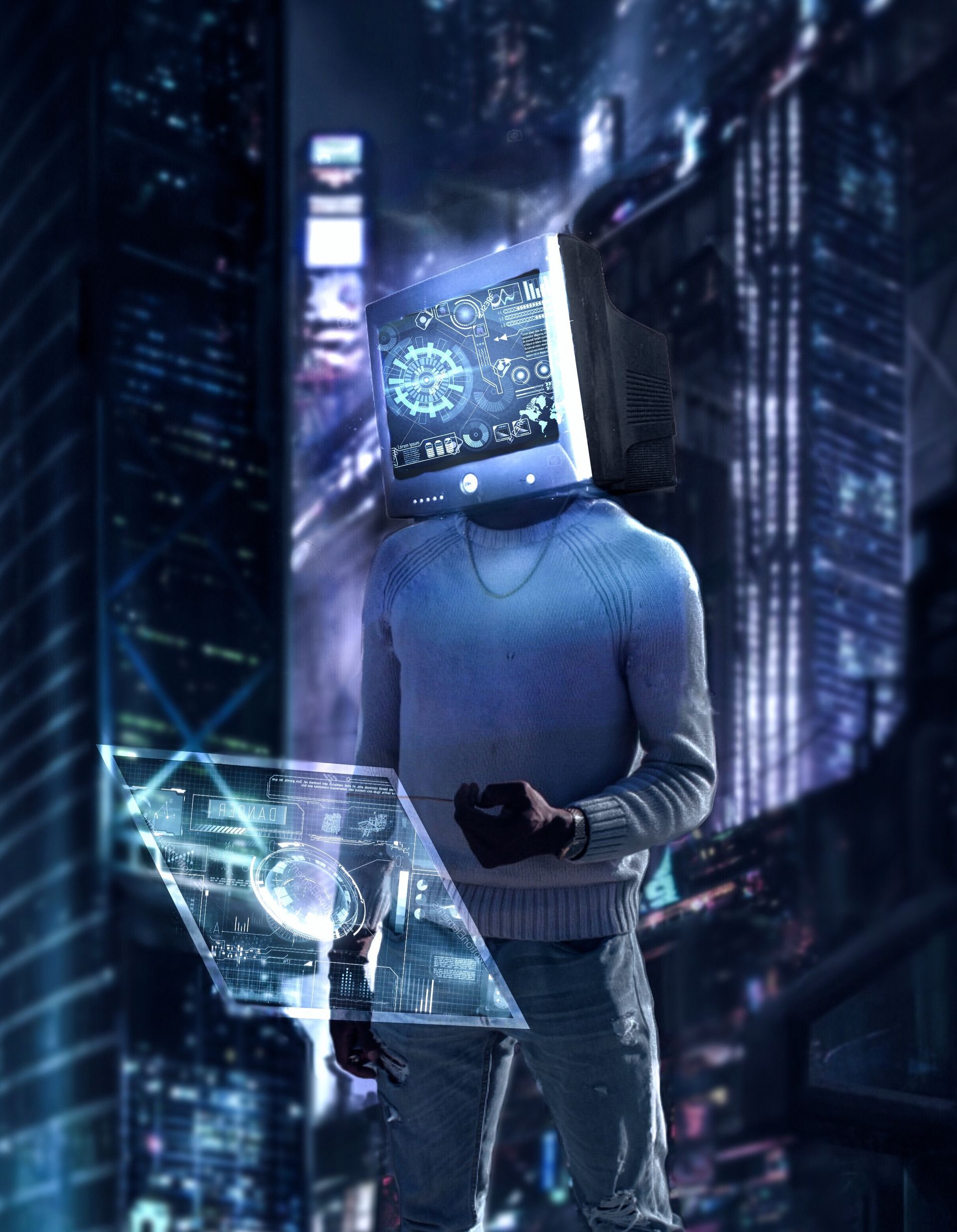 Person holding a tablet in a neon-lit futuristic city, with a glowing screen for a head
