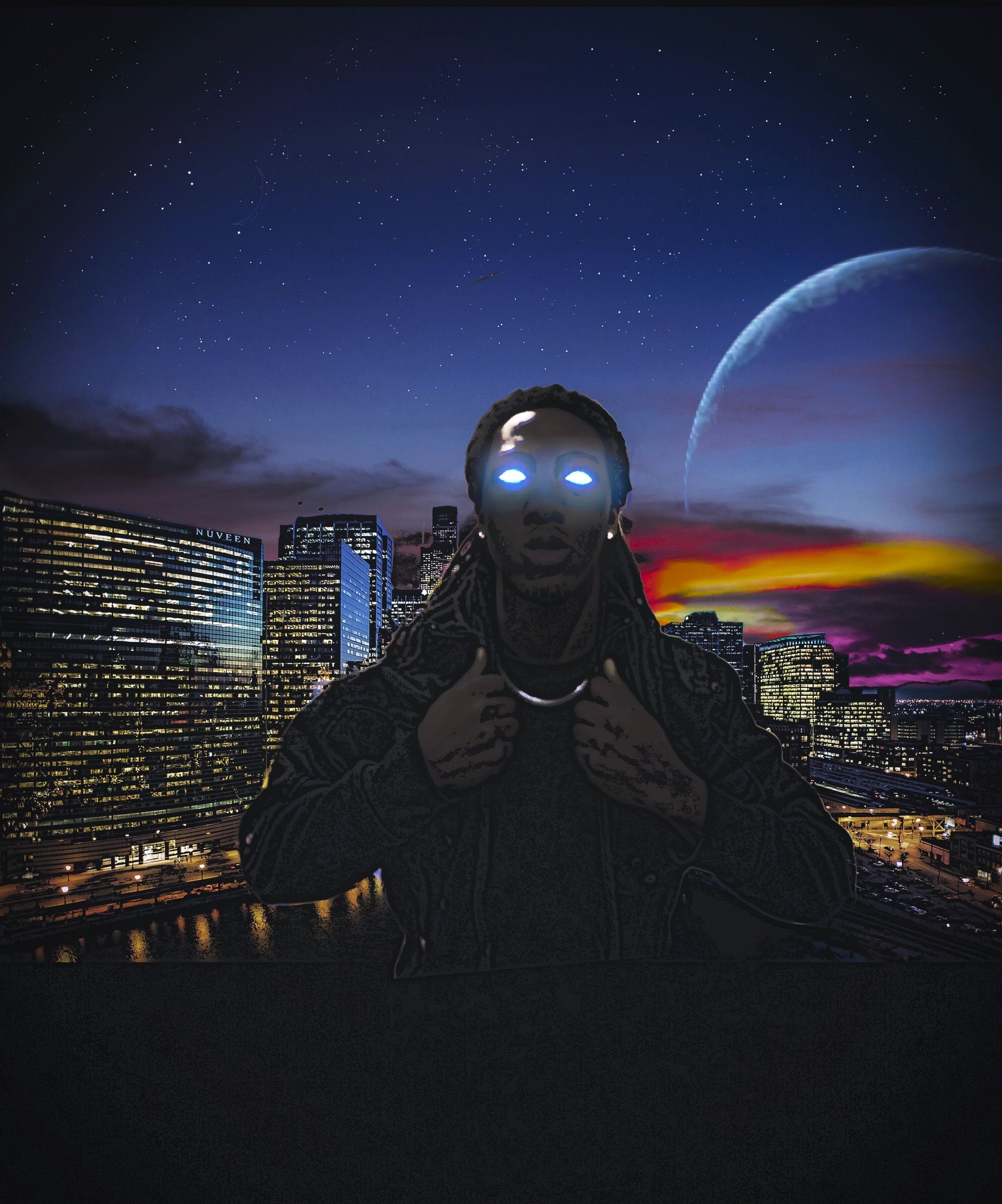 Person with glowing eyes in a dark city skyline at night, with a large moon and colorful sunset clouds behind.