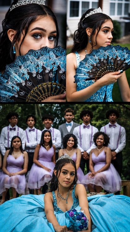 Portrait collage of a woman in a blue gown and fans, with a formal group portrait behind her