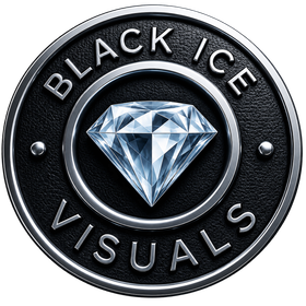 Black Ice Visuals logo with a faceted diamond in a black circular emblem on white background