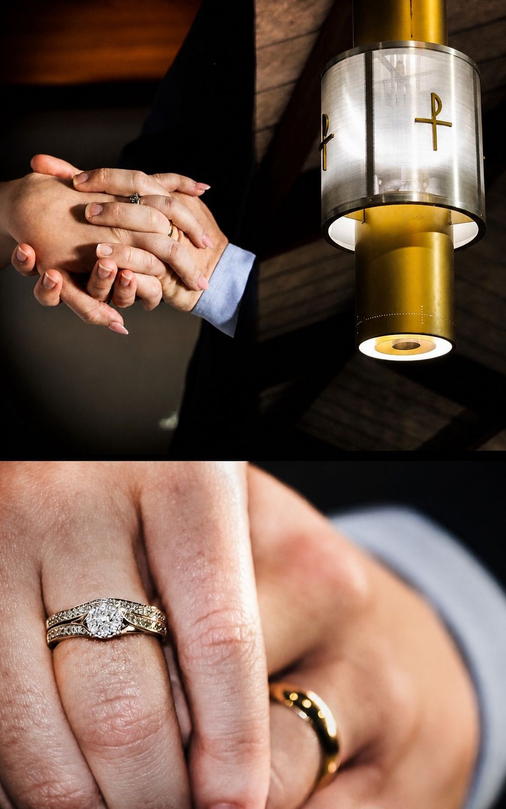 Cinematic edit of joined hands and wedding rings beside a church lamp