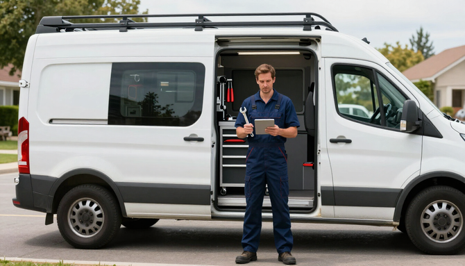 White cargo van with roof rack parked roadside, driver standing in open side door holding a clipboard.