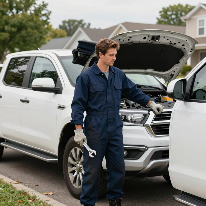 Mechanic in blue coveralls inspecting a white SUV with its hood open on a driveway