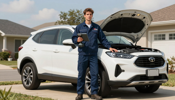 Mechanic in blue coveralls standing by a white SUV with hood open in a suburban driveway