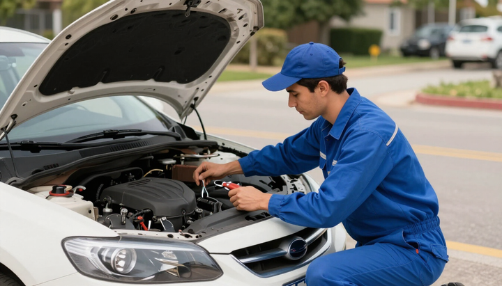 Mechanic in blue uniform inspecting a car engine with the hood open outdoors