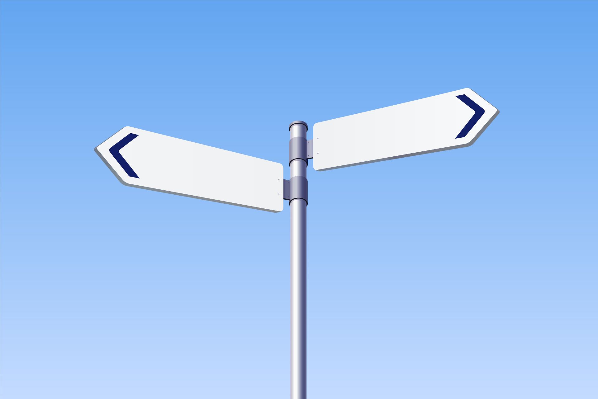 Two White Street Signs Pointing in Opposite Directions Against a Blue Sky