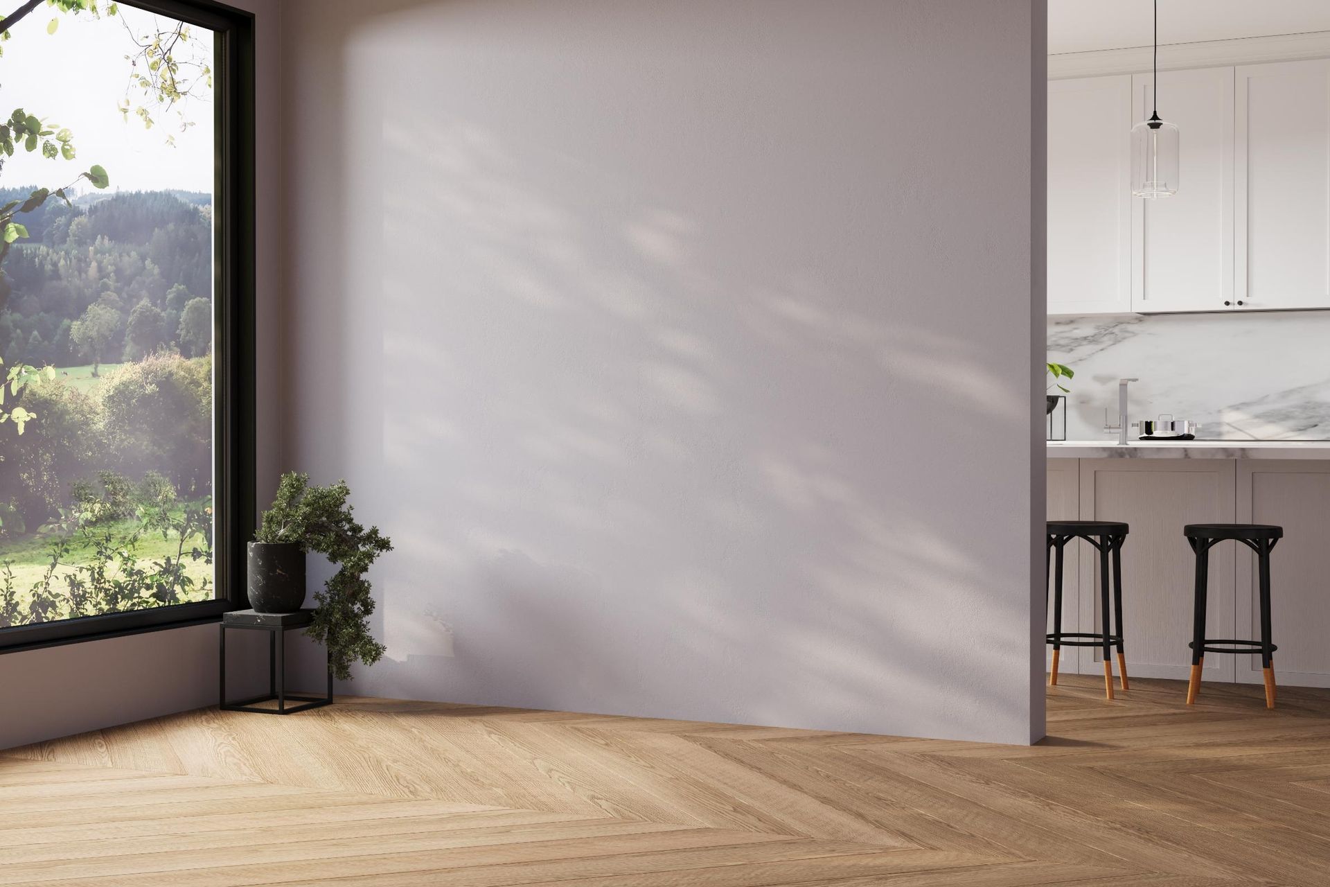 Sunlit modern room with large window, white wall, wood floor, and a small kitchen counter with stools