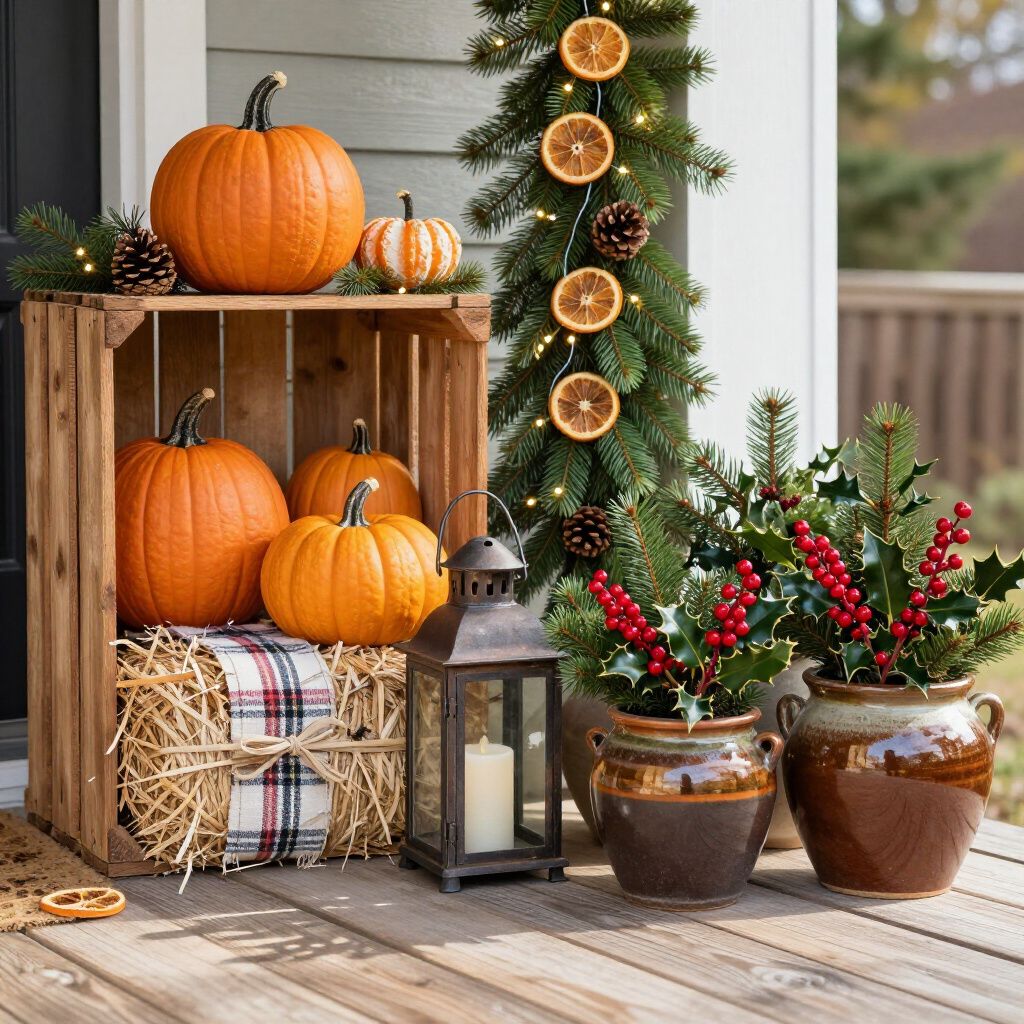 Fall porch decor featuring pumpkins in a wooden crate, a lit lantern, garland with dried oranges, and holly in pottery.