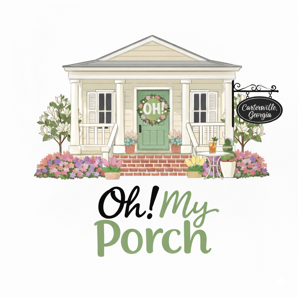Illustration of a cozy house with a green door, blooming flowers, and a sign that says
