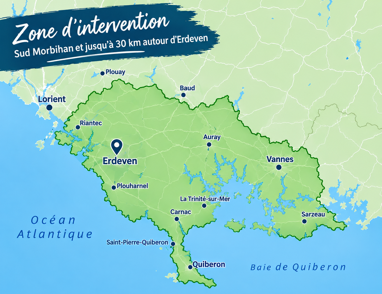 Carte du secteur d’Érdeven, en Bretagne, montrant une zone d’intervention verte le long du littoral et les villes voisines.