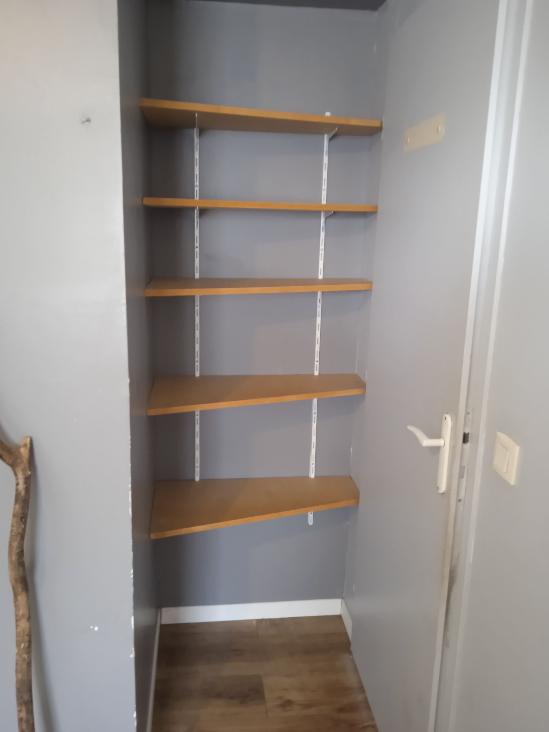 Placard gris vide avec des étagères en bois et des tringles à vêtements.