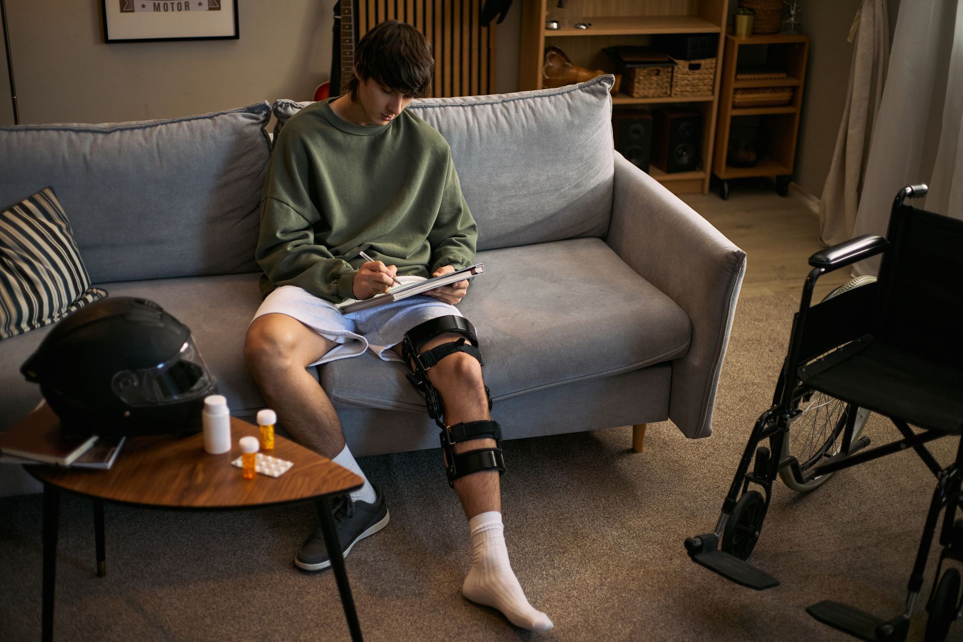 Person sitting on a couch with a leg brace, looking at a phone in a living room.