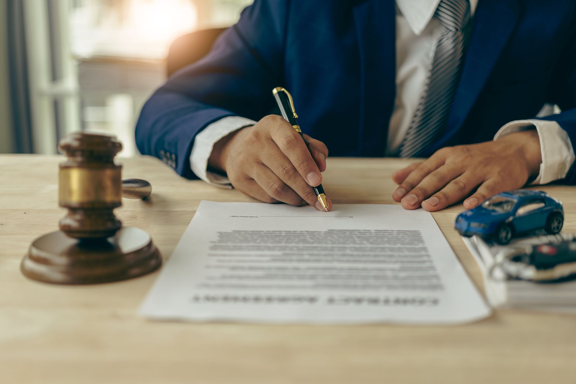 Lawyer signing a contract beside a gavel and toy police car on a desk