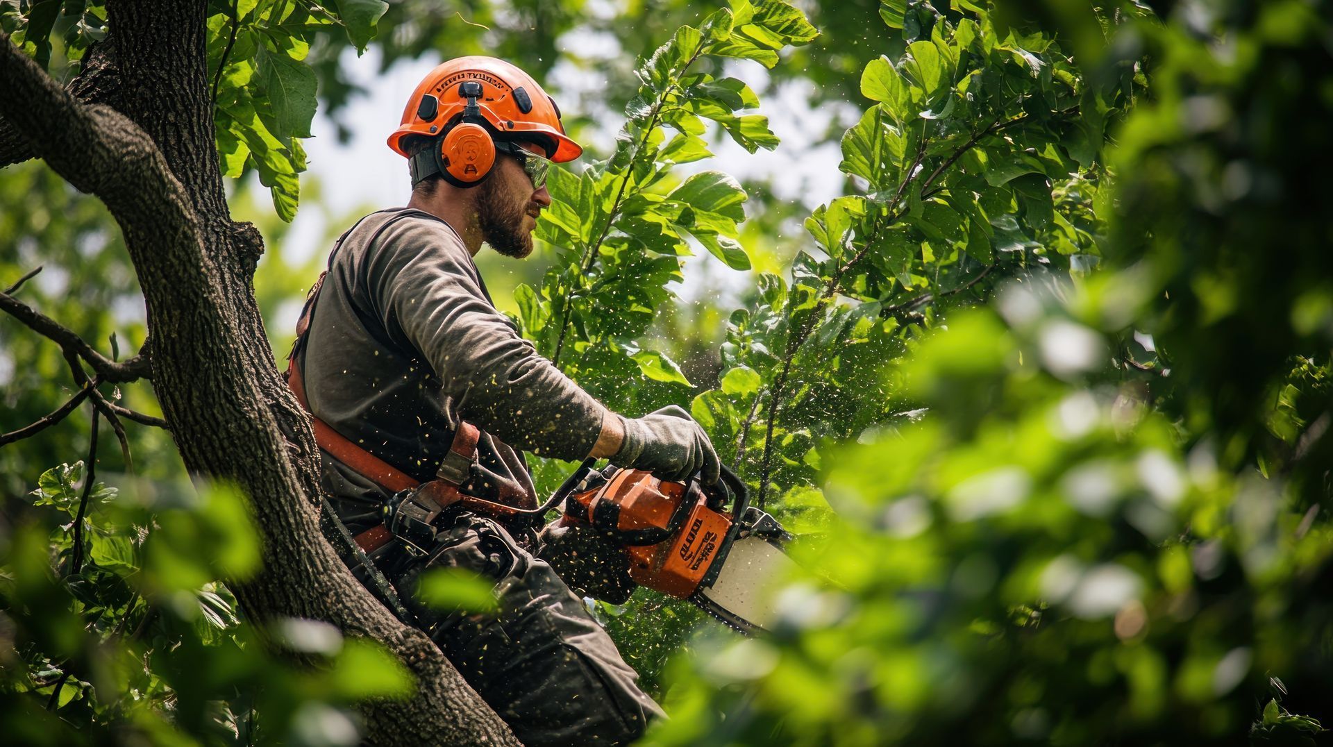Worker in safety gear cutting tree branches with a chainsaw.