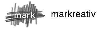 Black and white “mark kreativ” logo with a scribbled mark icon and lowercase text