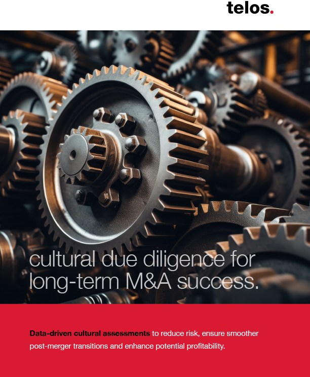 Telos ad for cultural due diligence, with close-up gears and the tagline “cultural due diligence for long-term M&A success.”