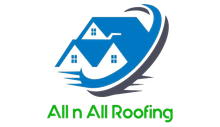 Professional Roofing Solutions You Can Trust All n All Roofing logo with blue roof houses and green text on white background
