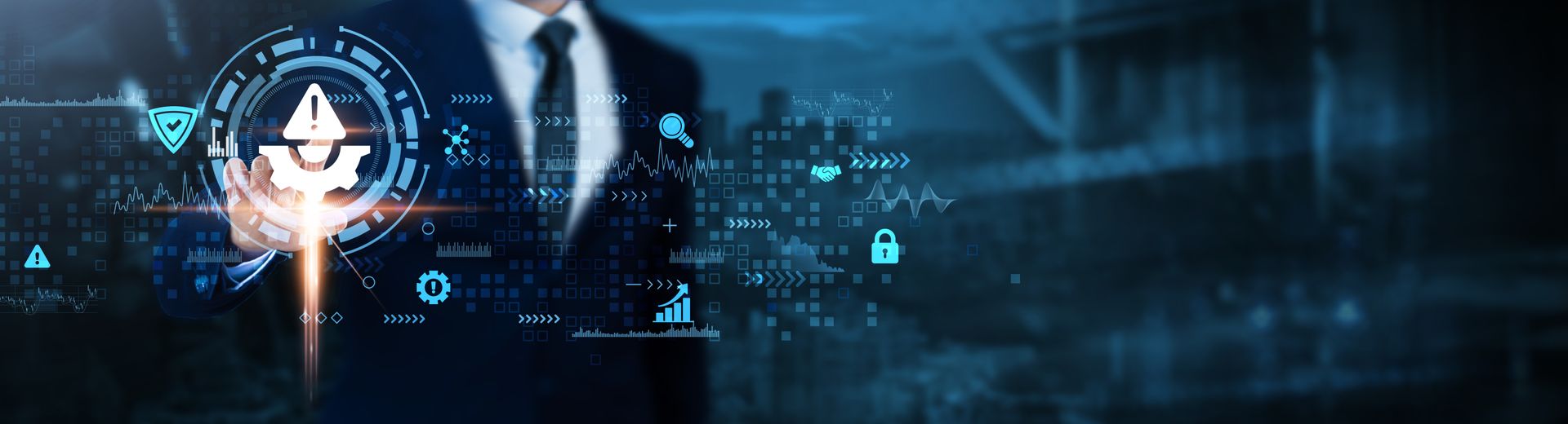 Businessman in suit holding glowing digital interface, blue background, tech concept.