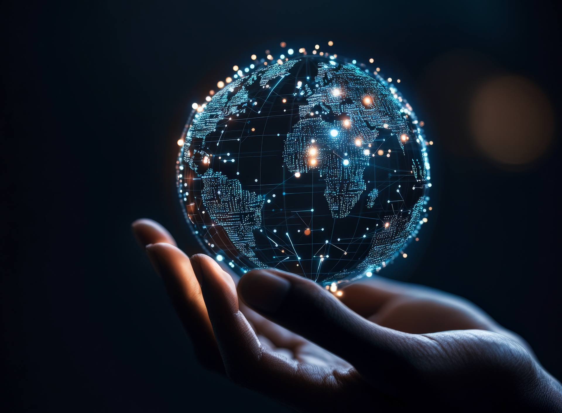 Hand holding a glowing digital globe, illuminated with interconnected lights against a dark background.