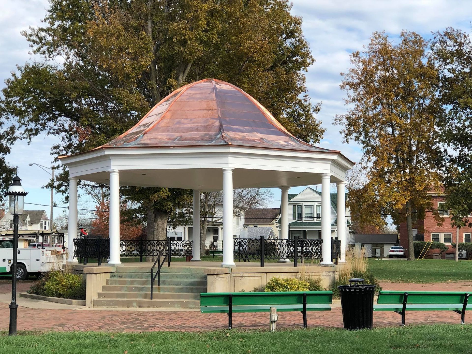 Copper flatlock roof installation on a round gazebo.