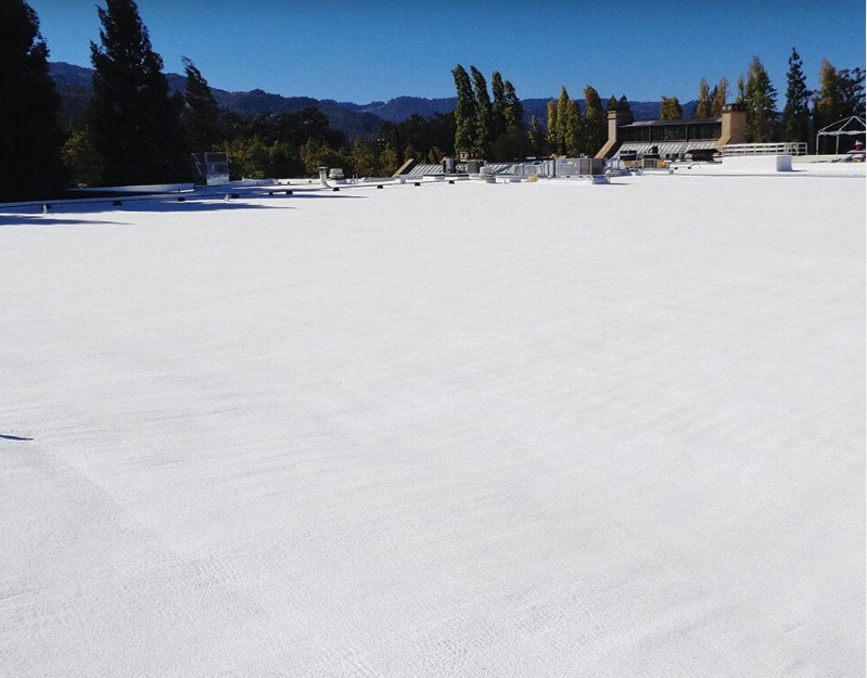 Silicone-coated roofing expanse for optimal weather protection.