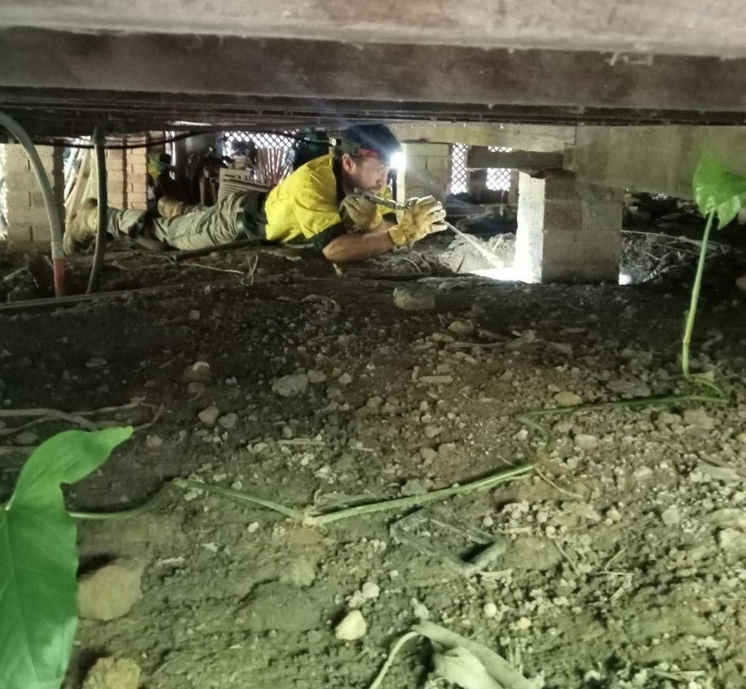 A Man in a Yellow Shirt is Crawling Under a Building — Allied Pest Management Northern Rivers in Kingscliff, NSW