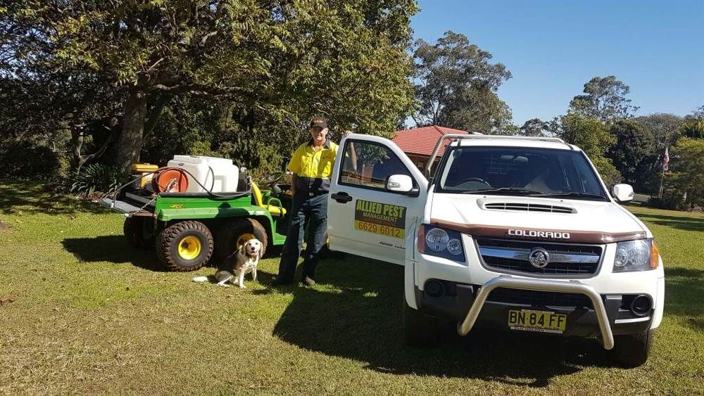 A Man and A Dog Are Standing Next to A Truck — Allied Pest Management Northern Rivers in Tregeagle, NSW