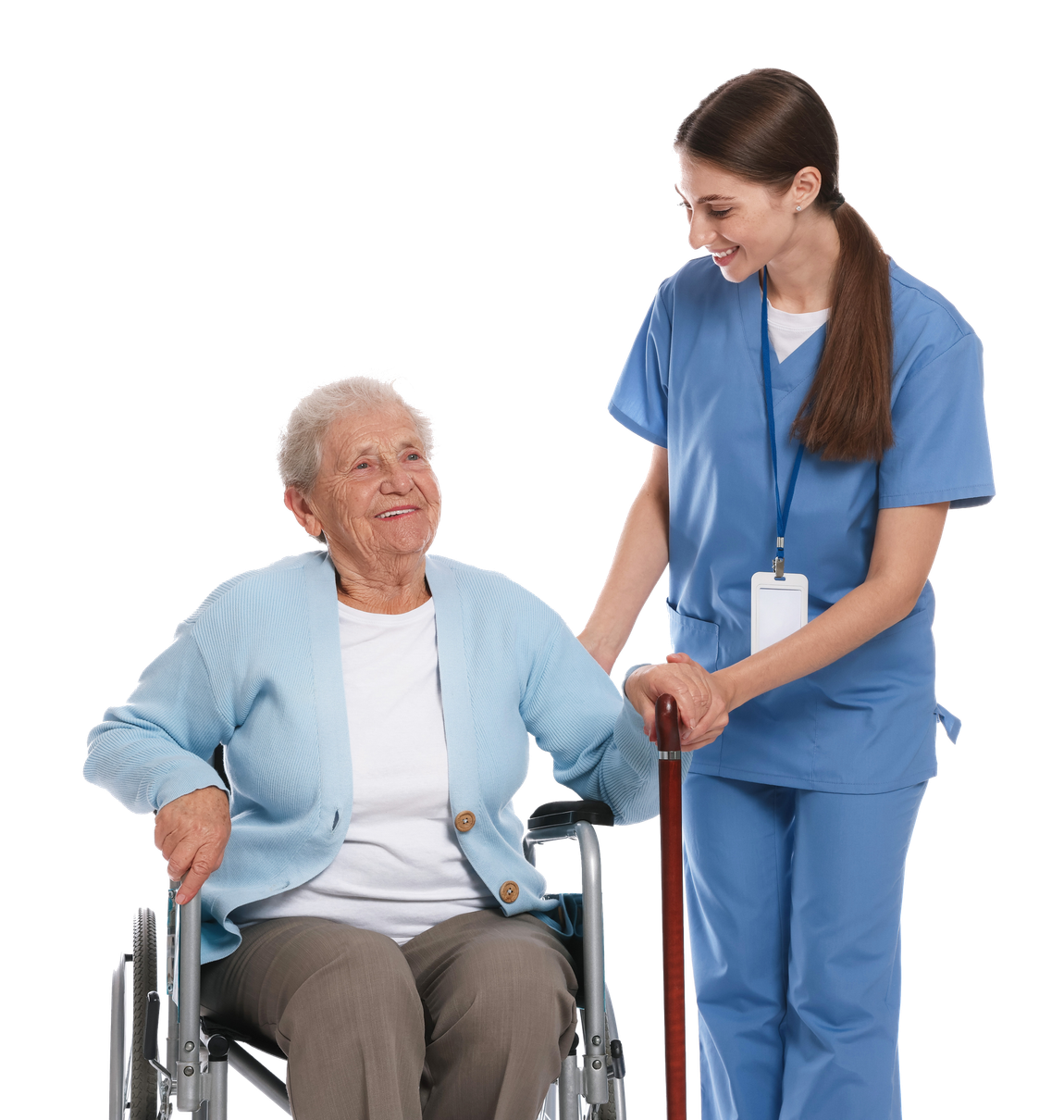 Nurse in blue scrubs assisting a smiling patient in a wheelchair Nurse in blue scrubs assisting a smiling patient in a wheelchair