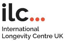 O logotipo do centro internacional de longevidade do reino unido é preto e vermelho.