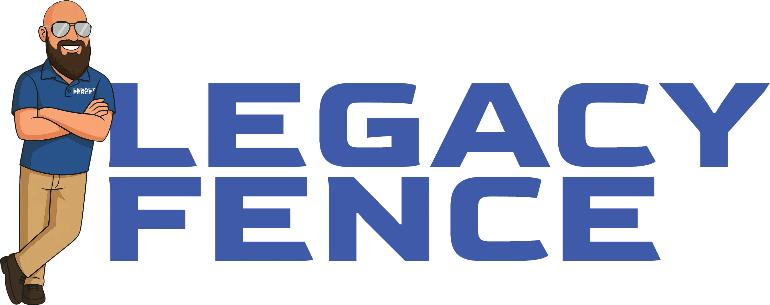 Legacy Fence logo with blue text and a cartoon worker leaning on the lettering