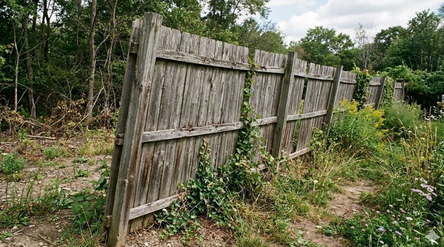Old leaning wooden privacy fence needing replacement