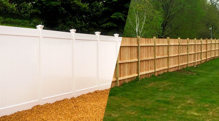 Side-by-side comparison of a clean white vinyl privacy fence and a traditional natural wood privacy fence in a backyard.