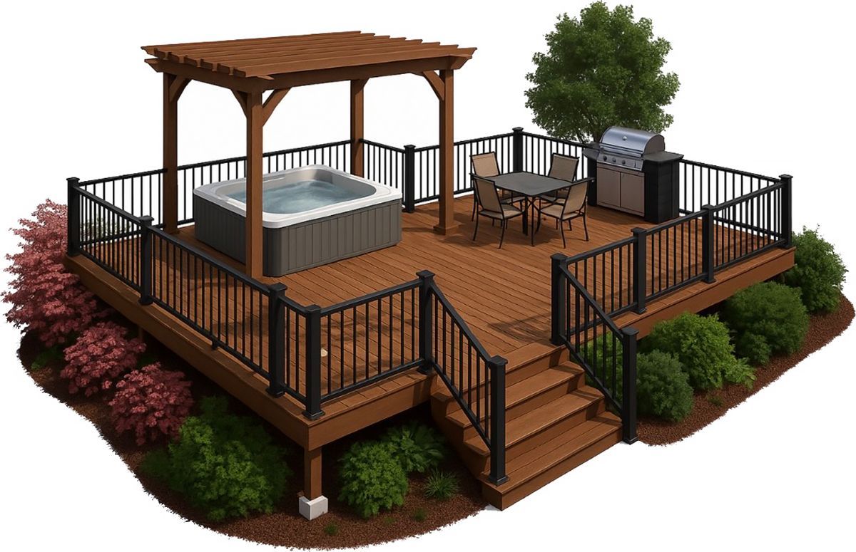 Four different fence types: black metal, wooden planks, white vinyl, and chain link.
