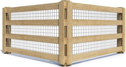 Wooden fence with wire mesh interior, corner view.