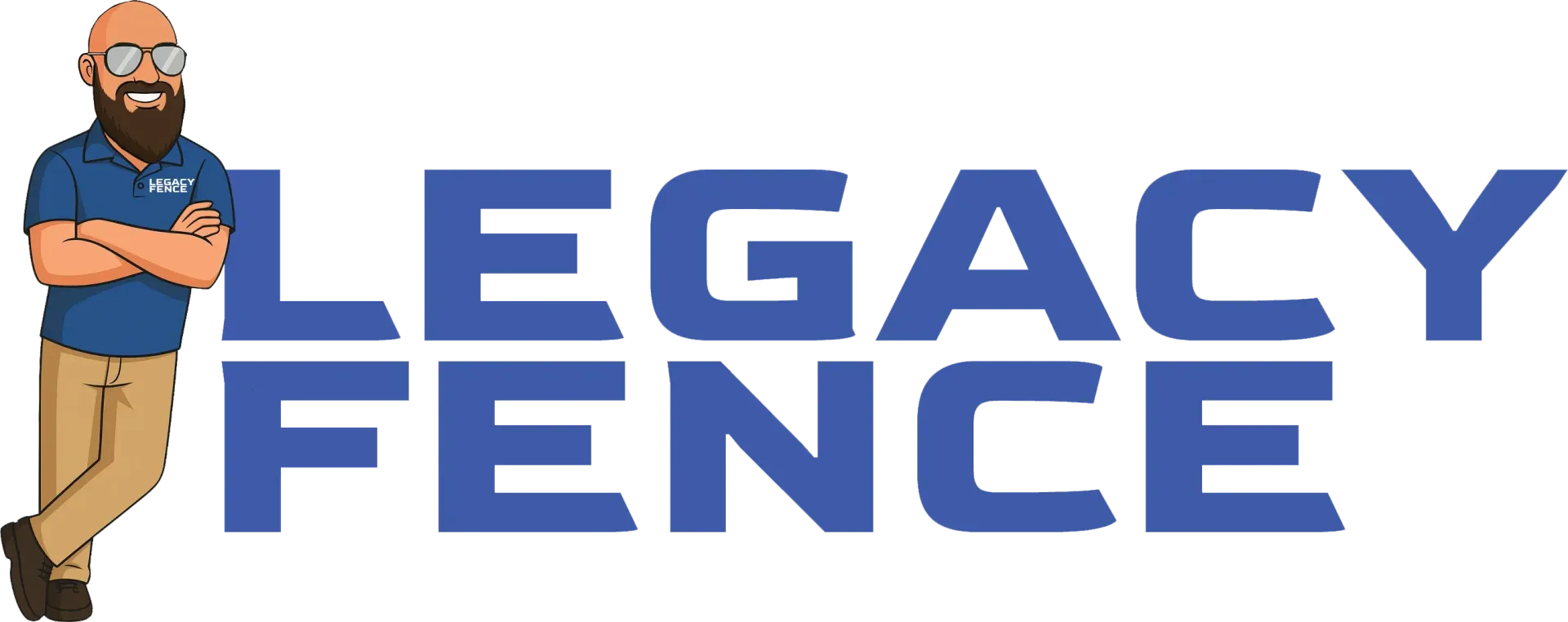 Legacy Fence logo with blue text and a cartoon worker leaning on the lettering