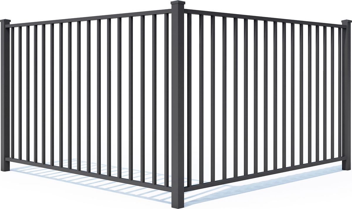 Black metal fence corner, vertical bars, angled.