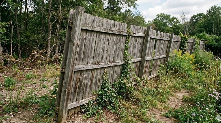Old, weathered wooden privacy fence leaning heavily due to failing fence posts.
