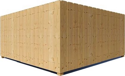Wooden rectangular structure, corner view, assembled from vertical planks, light brown color.