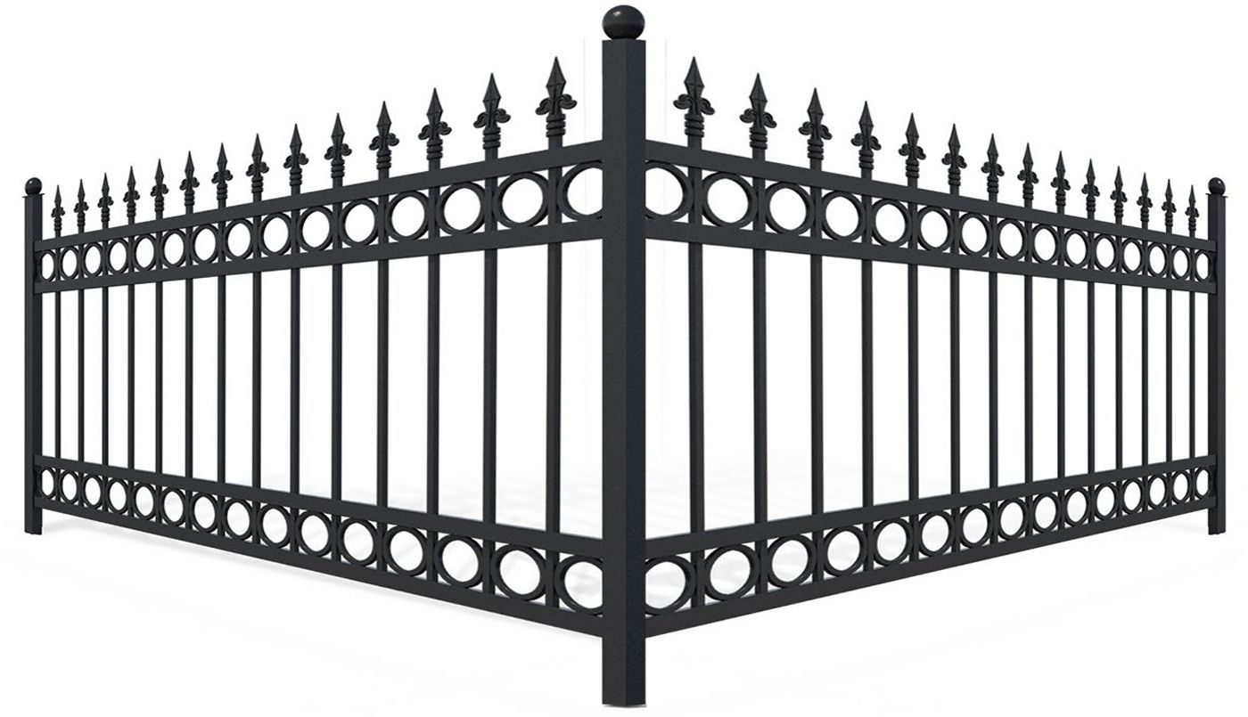 Black wrought iron fence with decorative finials, corner view.