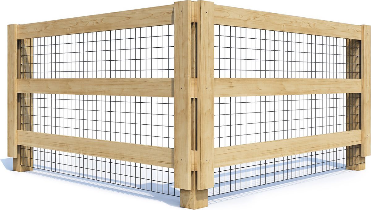 Wooden corner fence with black wire mesh, outdoors, light wood.
