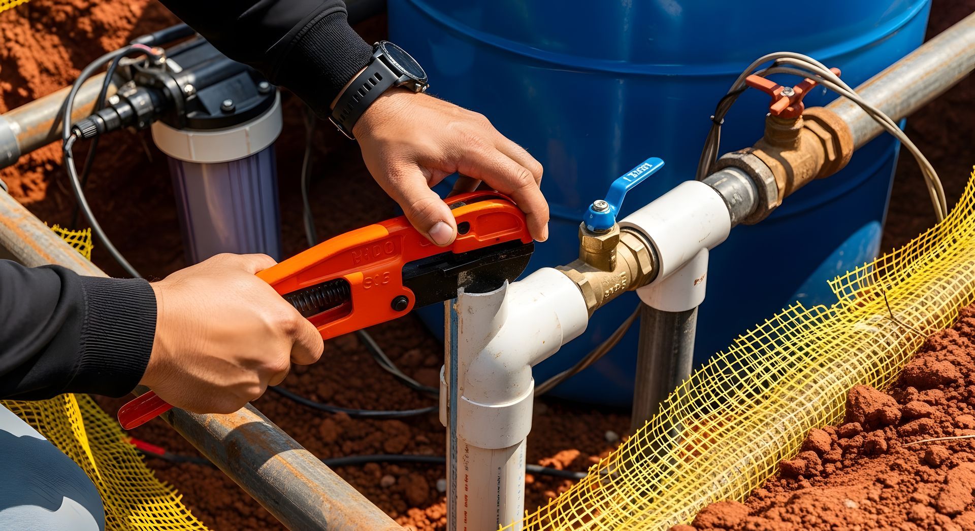 Pump service technician repairing water pump piping and valve connections at installation site. Pump service technician repairing water pump piping and valve connections at installation site.