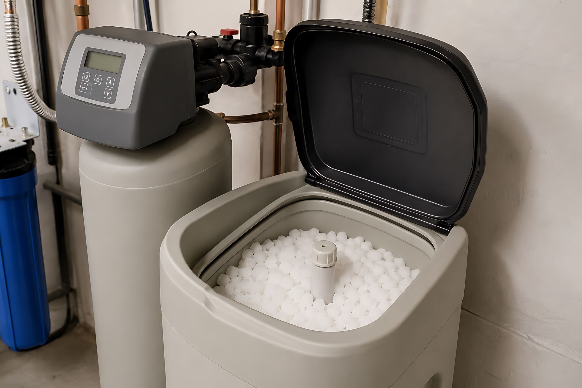 Residential water softening equipment tank with open lid revealing salt pellets