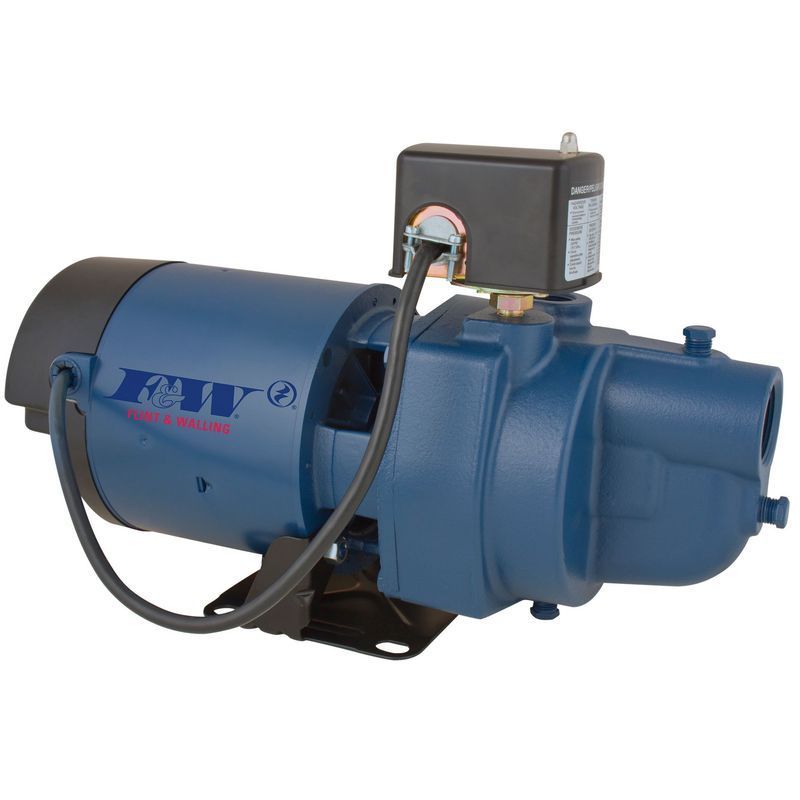Blue water well pump with black motor and pressure switch, against a white background.